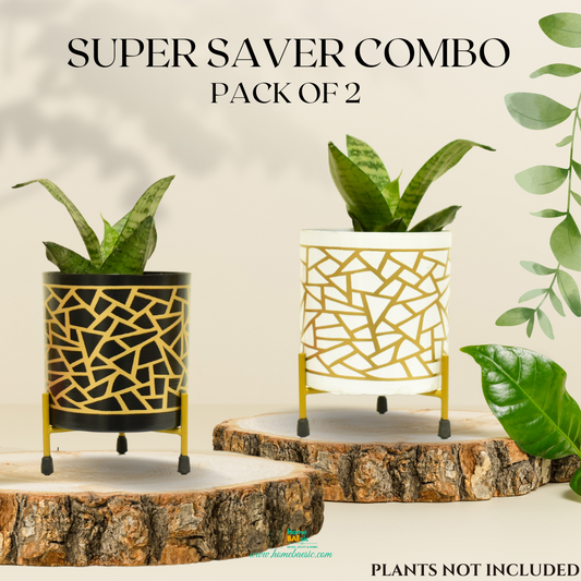 Super Saver Combo | Black & White Golden Mosaic Indoor Metal Planter With Metal Stand | Home & Garden | 5 Inches