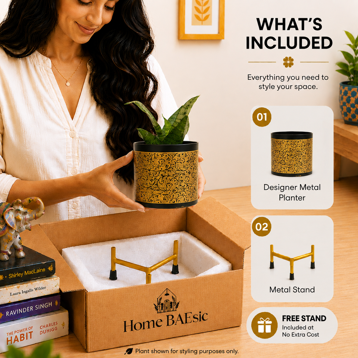 A woman holds a black and gold vines patterned metal planter with a snake plant, standing next to an open cardboard box labeled 'Home BAEsic' that contains a matching gold metal stand. The right side features a 'WHAT'S INCLUDED' graphic detailing the planter, stand, and free stand offer.