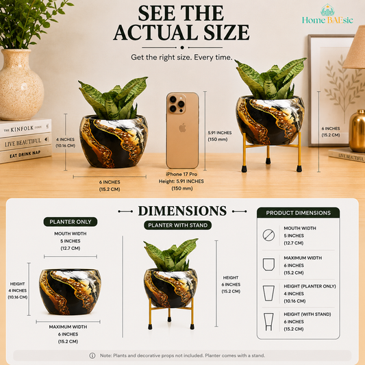 Black Marble Gold Planter size and dimensions infographic showing 5-inch mouth width, 6-inch maximum width, 4-inch planter height and 6-inch height with stand