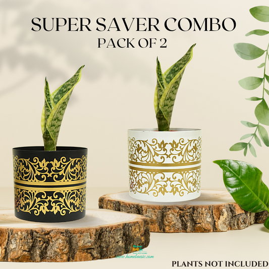 Super Saver Combo | Black & White Golden Floral Indoor Metal Planter With Metal Stand | Home & Garden | 5 Inches