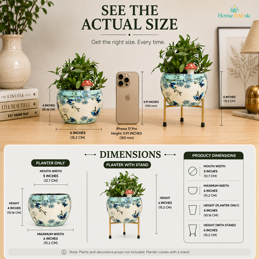 Blue butterfly floral metal planter dimensions showing 5-inch planter mouth, 6-inch maximum width, 4-inch planter height and 6-inch height with stand
