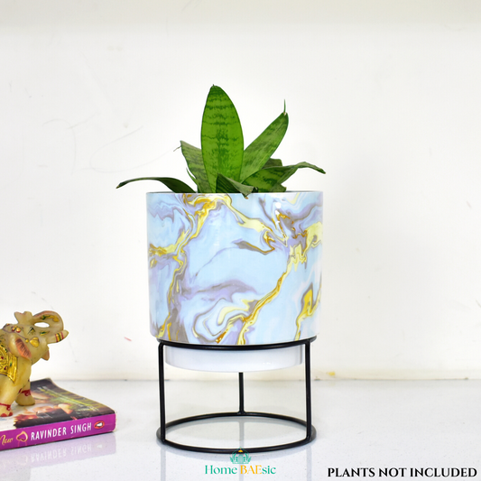 Blue & Gold Marble Indoor Metal Planter With Metal Stand | Home & Garden | 6 Inches