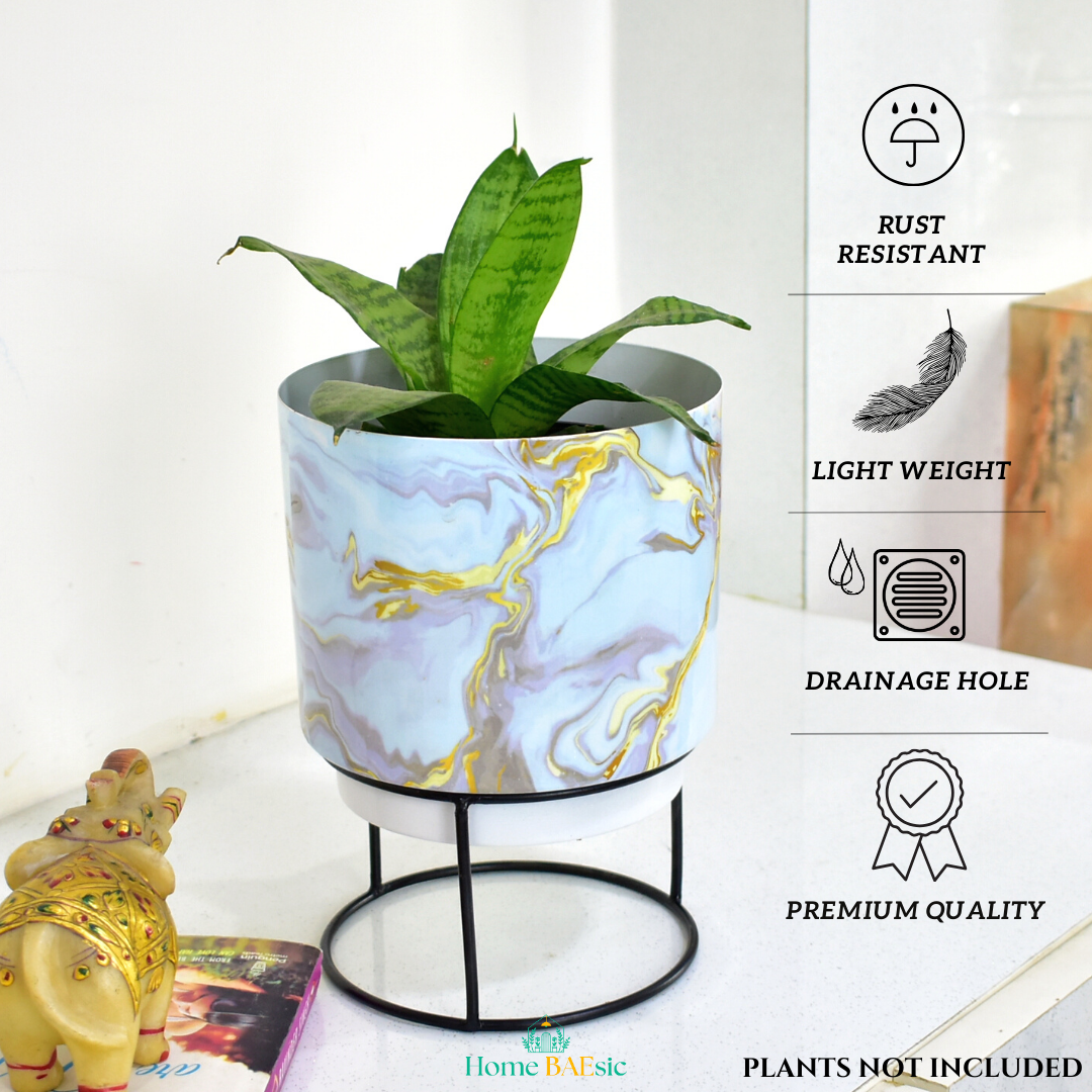 Blue & Gold Marble Indoor Metal Planter With Metal Stand | Home & Garden | 6 Inches