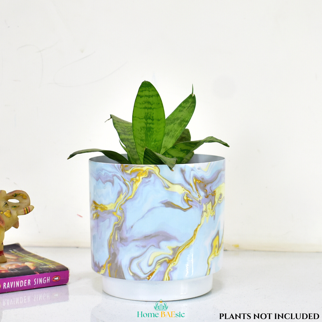Blue & Gold Marble Indoor Metal Planter With Metal Stand | Home & Garden | 6 Inches