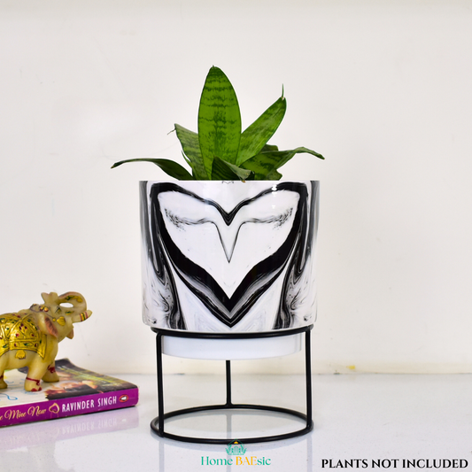 Classic Black & White Marble Indoor Metal Planter With Metal Stand | Home & Garden | 6 Inches