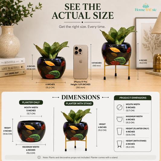Falling Leaves designer metal planter size guide showing 5 inch mouth, 6 inch maximum width, 4 inch planter height and 6 inch height with stand.
