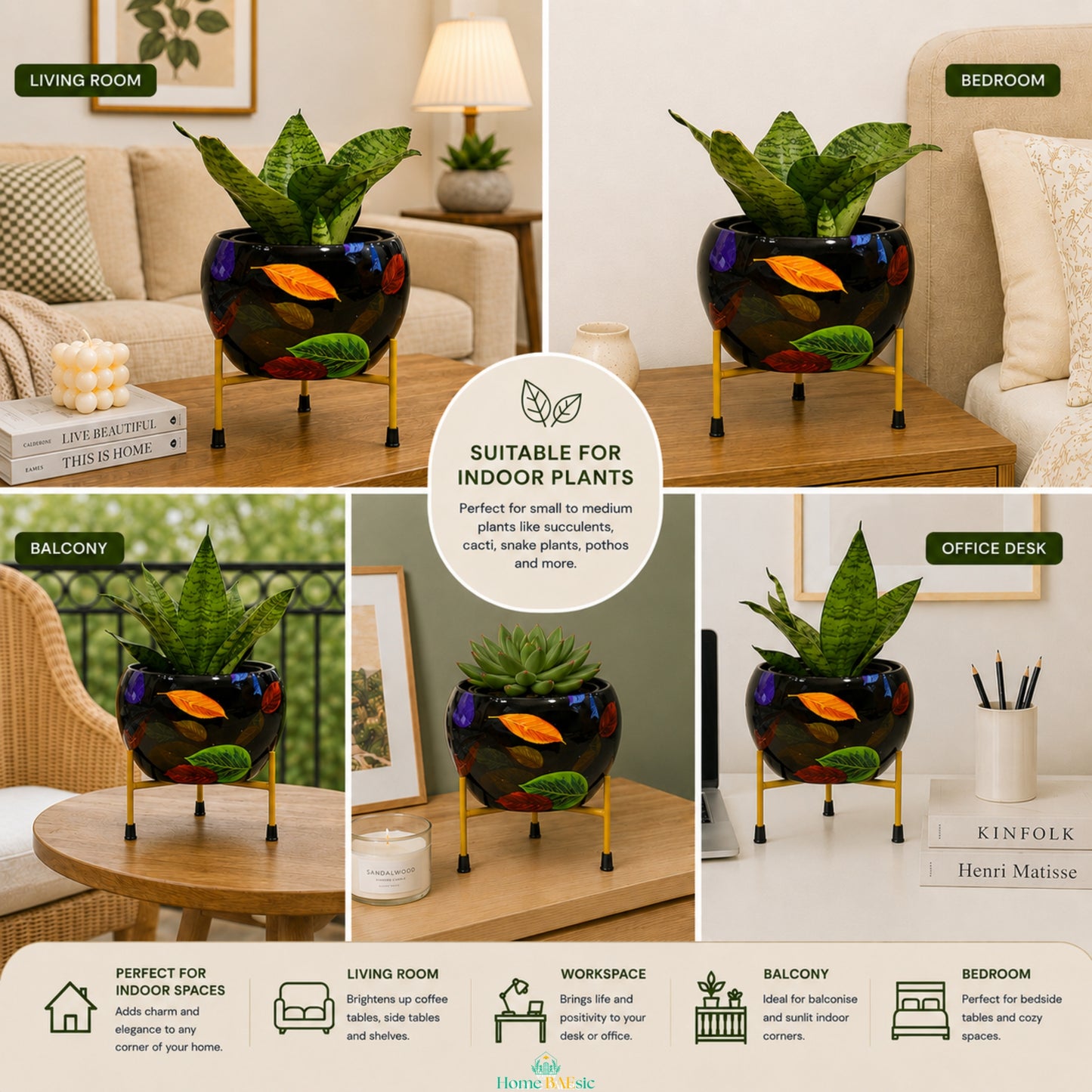 Falling Leaves metal planter with metal stand styled in living room, bedroom, balcony and workspace for indoor plants
