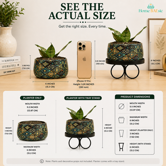 Home BAEsic Floral Motif Planter with Tray Stand size reference infographic showing a 5.5-inch planter mouth, 6-inch maximum width, 3-inch planter height, and 6-inch total height with the black tray stand, with the dimensions presented through labeled product images and measurement arrows.
