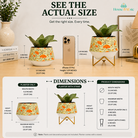 Garnet Floral Metal Planter size and dimension infographic showing the cream-colored floral planter with orange flower patterns, available with or without its golden metal stand. The infographic displays a 5.5-inch planter mouth, 5.5-inch maximum width, 4-inch planter height, and 6-inch total height with stand, with product dimensions clearly labeled.