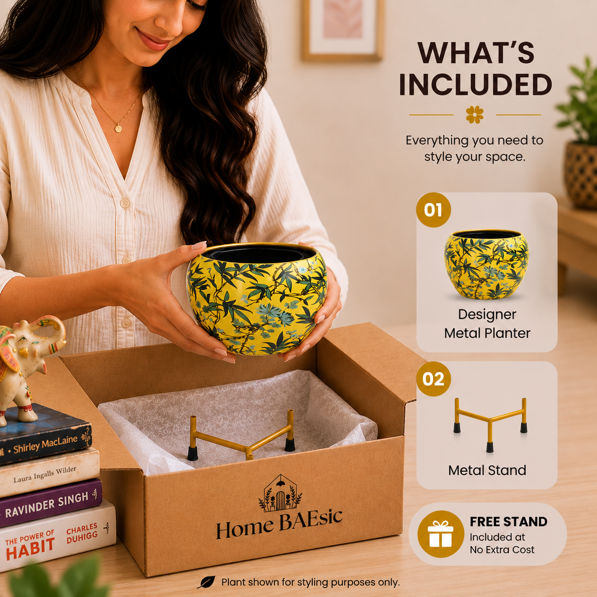 A woman holds a yellow and green tropical leafy design metal planter pot over an open cardboard box labeled Home BAEsic, with included accessories shown in a 'What's Included' graphic on the right.