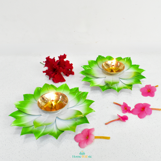 Lotus Shape Brass Diya For Diwali Pooja & Temple Decoration - Green | Set of 2