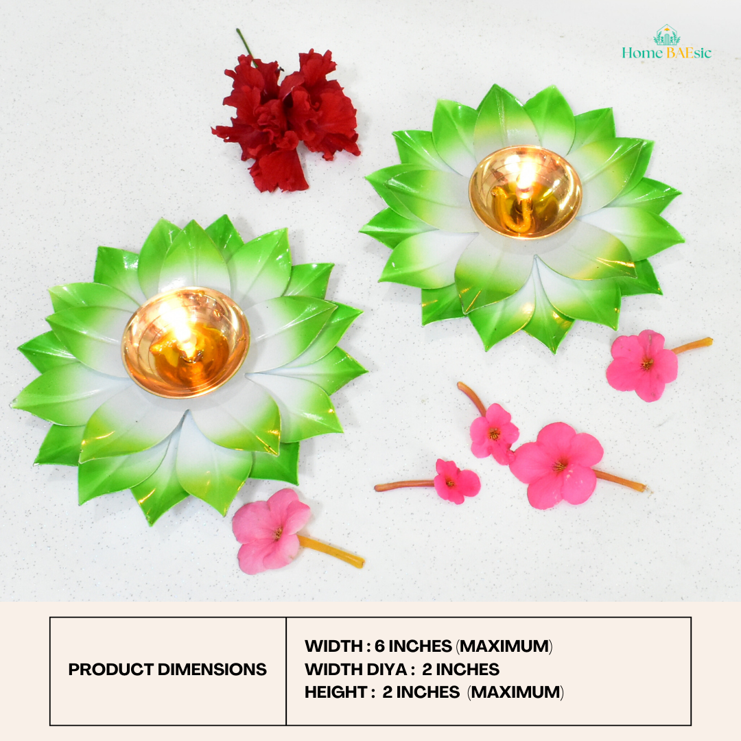 Lotus Shape Brass Diya For Diwali Pooja & Temple Decoration - Green | Set of 2