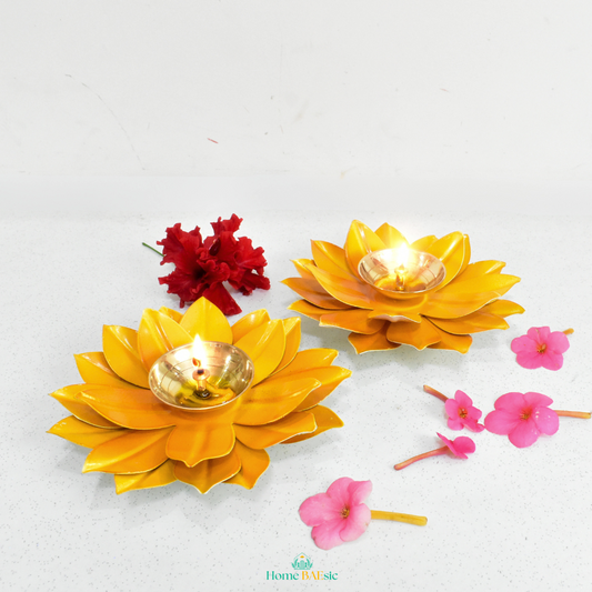 Lotus Shape Brass Diya For Diwali Pooja & Temple Decoration - Yellow | Set of 2