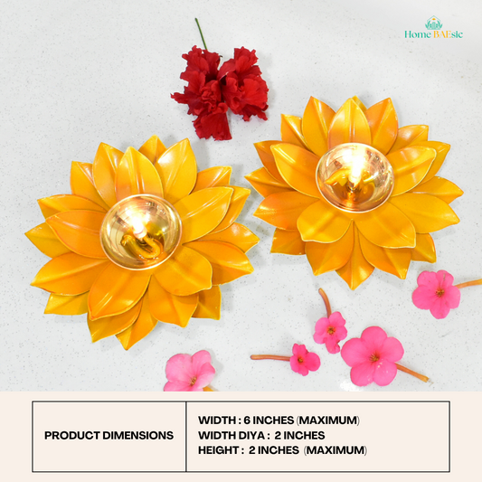 Lotus Shape Brass Diya For Diwali Pooja & Temple Decoration - Yellow | Set of 2