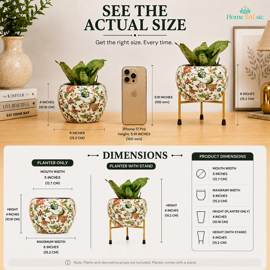 Meadow Planter size and dimensions infographic showing 5-inch mouth width, 6-inch maximum width, 4-inch planter height and 6-inch height with stand