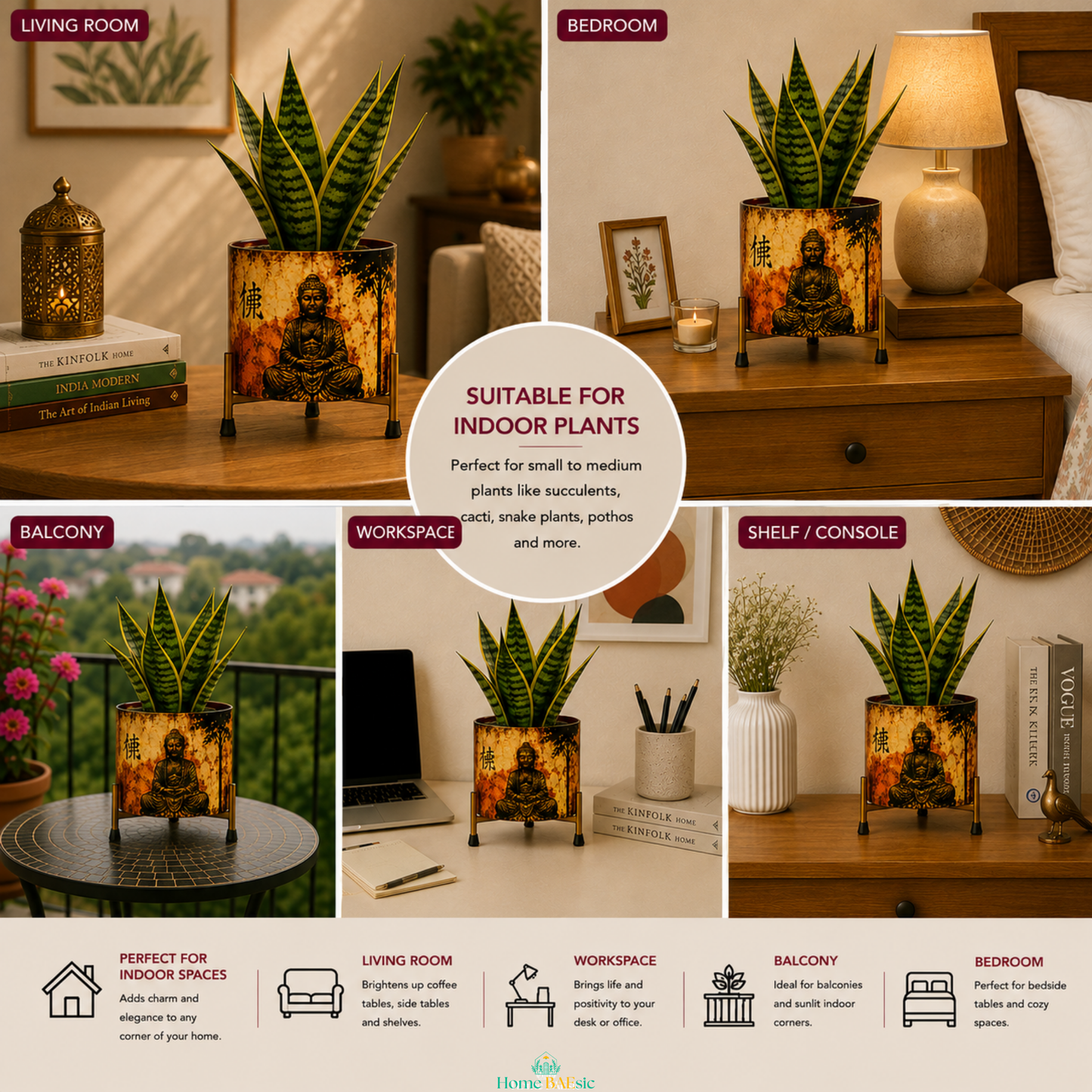 Meditating Buddha metal planter with snake plant styled in living room, bedroom, balcony, workspace and shelf settings, showing its versatility for indoor home decor.