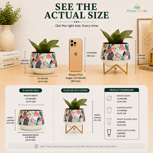 Home BAEsic Monstera Magic Planter size reference infographic showing the tropical-patterned designer metal planter with and without its gold metal stand, compared with an iPhone 17 Pro for scale. The infographic shows a 5.5-inch mouth and maximum width, 4-inch planter height, and 6-inch height with stand.
