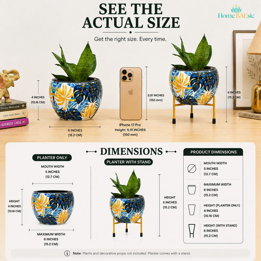 A product dimension diagram showing a decorative planter pot with a plant on a tabletop, alongside a phone for scale and text labels for planter-only and planter-with-stand dimensions. The planter has a blue, yellow, and white floral pattern.