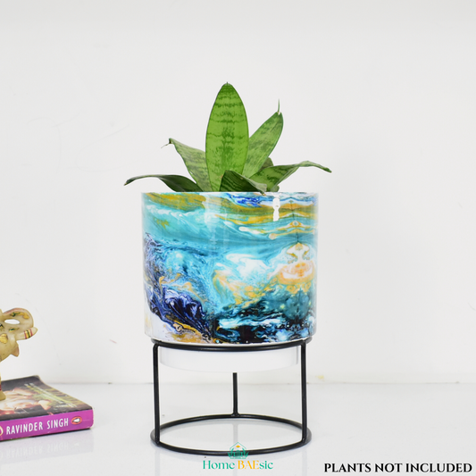 Oceanic Turquoise Indoor Metal Planter With Metal Stand | Home & Garden | 6 Inches