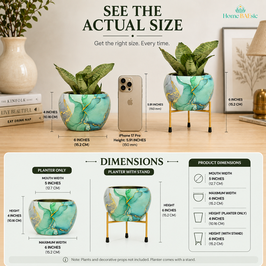 Turquoise Gold metal planter with stand showing actual size, dimensions, and iPhone 17 Pro for size reference.