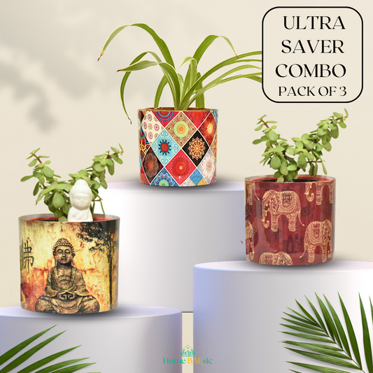 Ultra Saver Combo | Multicolor Motif + Meditating Buddha + Elephant Motif Indoor Metal Planter With Metal Stand | Home & Garden | 5 Inches