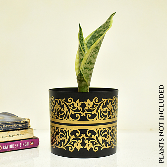 Black & Golden Floral Print Metal Planter With Metal Stand | Home & Garden | 5 Inches
