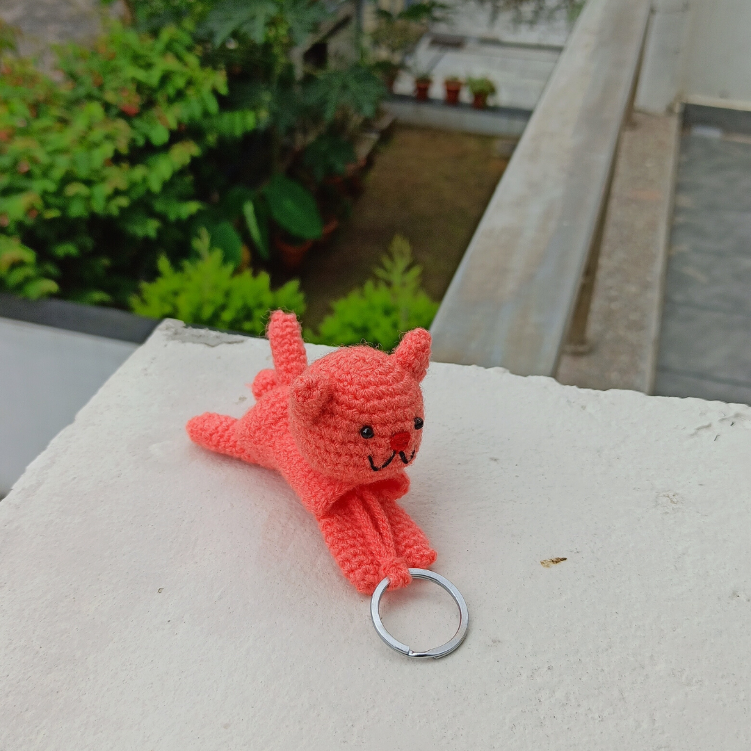 Cat Kitten Shape Amigurumi Crochet Handmade Retractable Key Chain or Charms | Pink | Home BAEsic