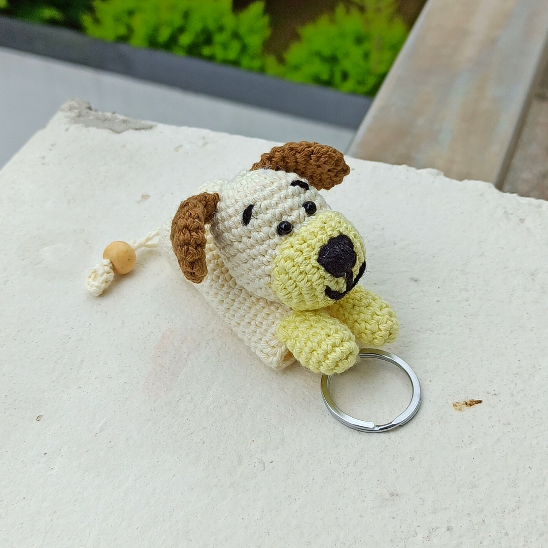 Dog Puppy Shape Amigurumi Crochet Handmade Retractable Key Chain or Charms | Cream | Home BAEsic