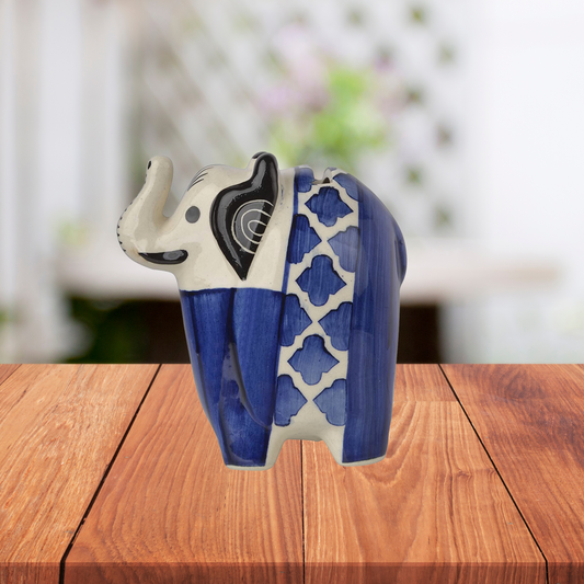 Elephant Shape Ceramic Piggy Bank - Block Print (Blue)