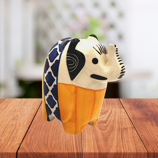 Elephant Shape Ceramic Piggy Bank - Block Print (Yellow)