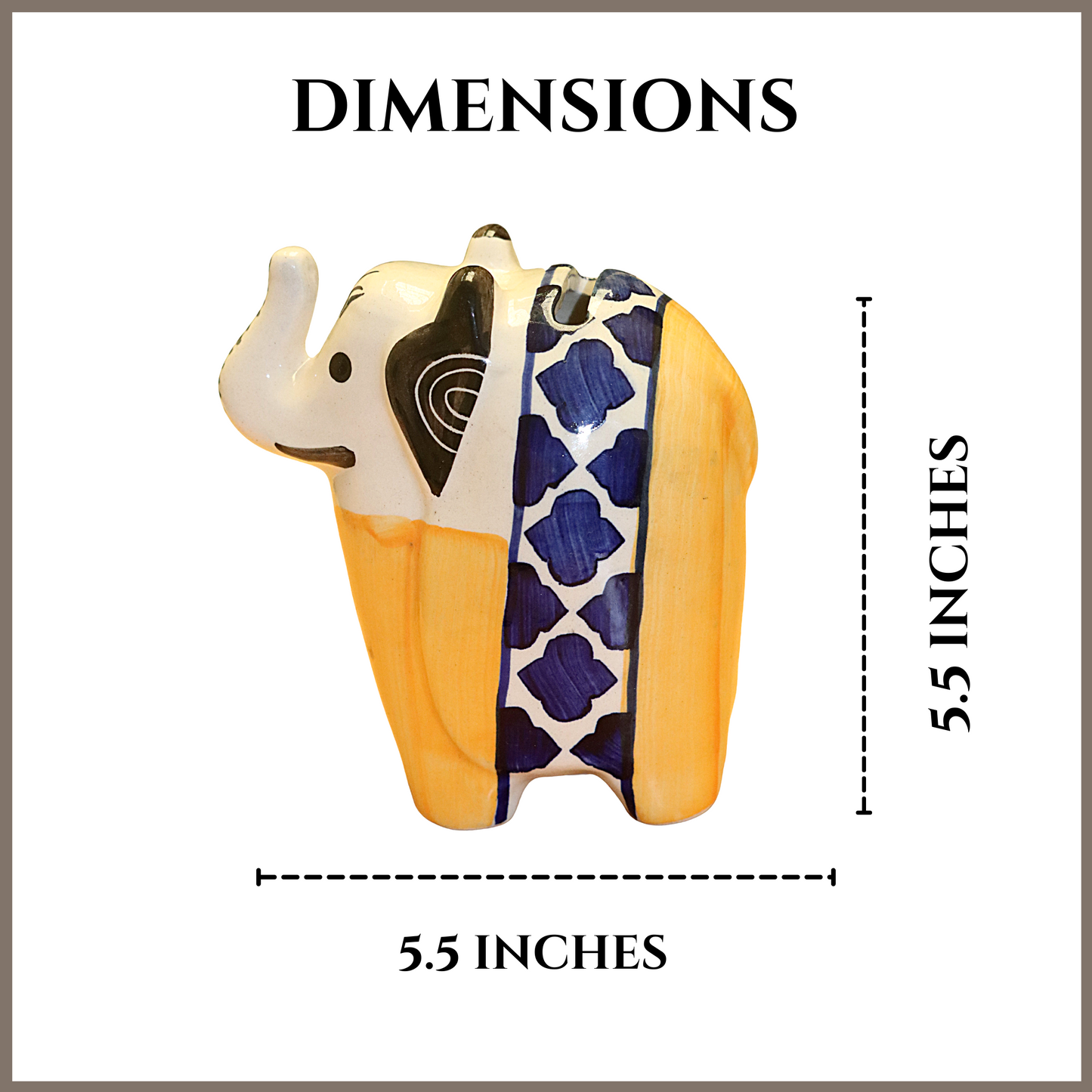 Elephant Shape Ceramic Piggy Bank - Block Print (Yellow)