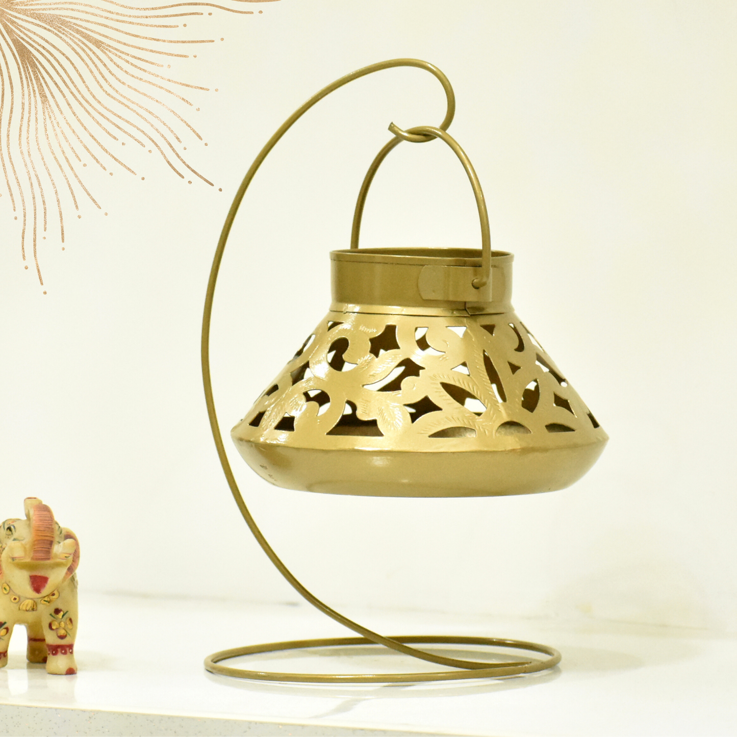 Handcrafted Jali Design Metal Tealight Lantern For Home Decor - Golden Bronze