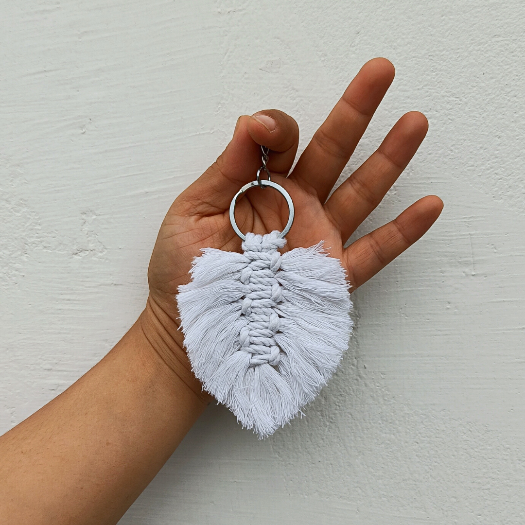 Boho Style Macrame Cotton Leaf Shape Crochet Handmade Key Chain or Charms | White | Home BAEsic