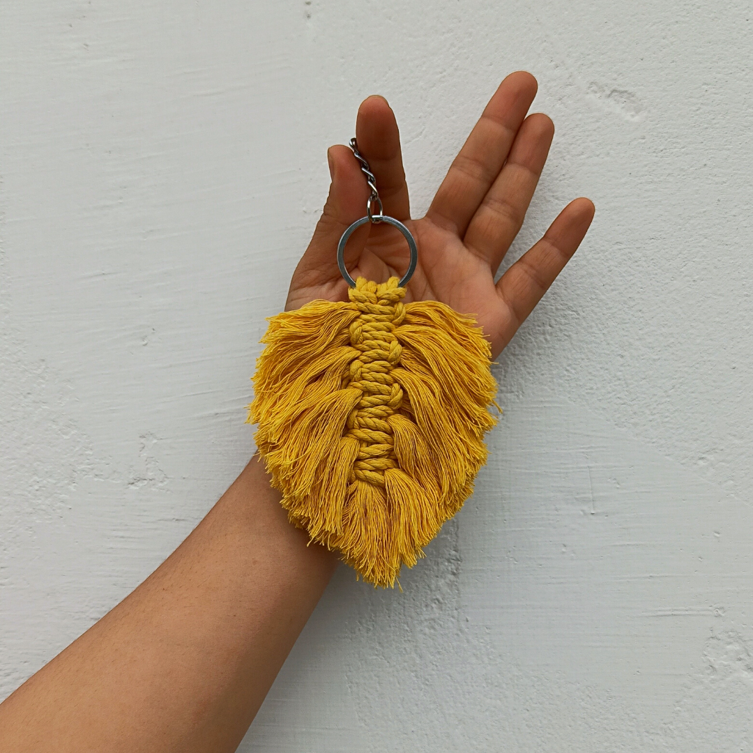 Boho Style Macrame Cotton Leaf Shape Crochet Handmade Key Chain or Charms | Yellow | Home BAEsic