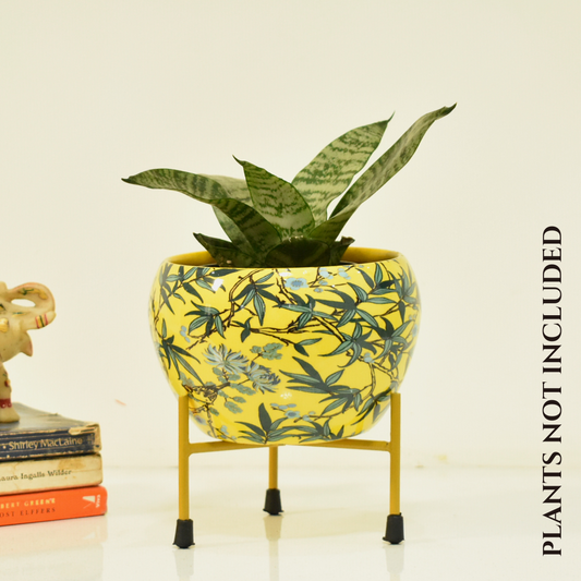 Leafy Yellow Indoor Metal Planter With Metal Stand | Home & Garden | 6 Inches | Home BAEsic