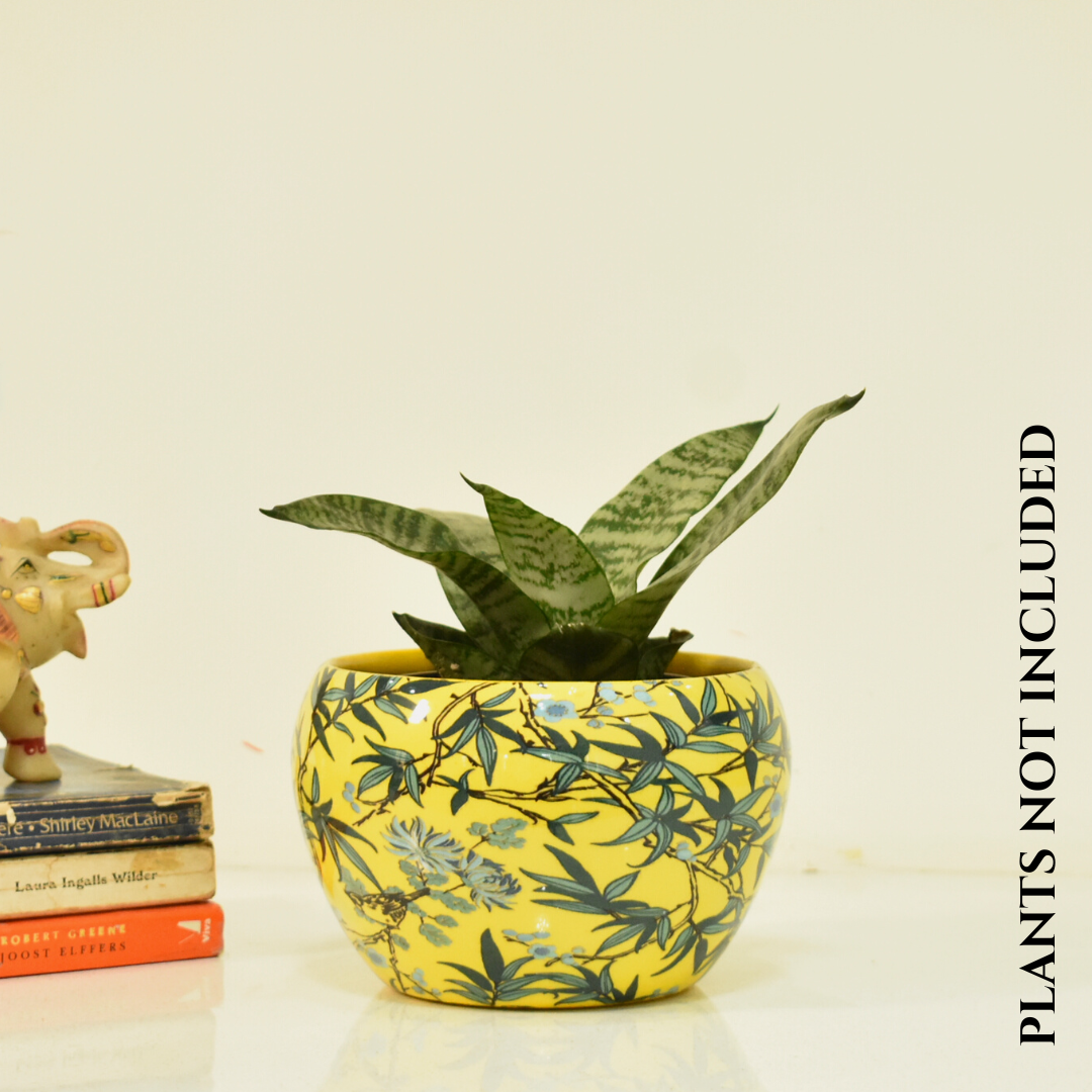 Leafy Yellow Indoor Metal Planter With Metal Stand | Home & Garden | 6 Inches | Home BAEsic