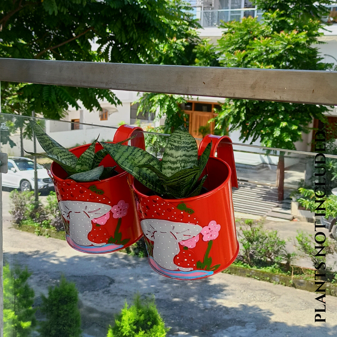 Red Color Mushroom Design Railing Planters Set of 2 Planters | Home BAEsic