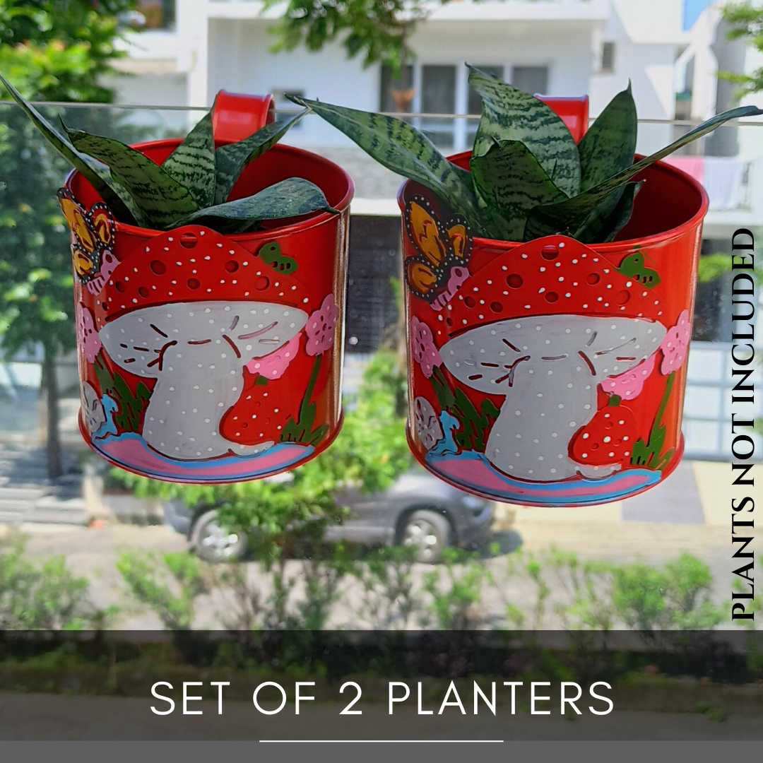 Red Color Mushroom Design Railing Planters Set of 2 Planters | Home BAEsic