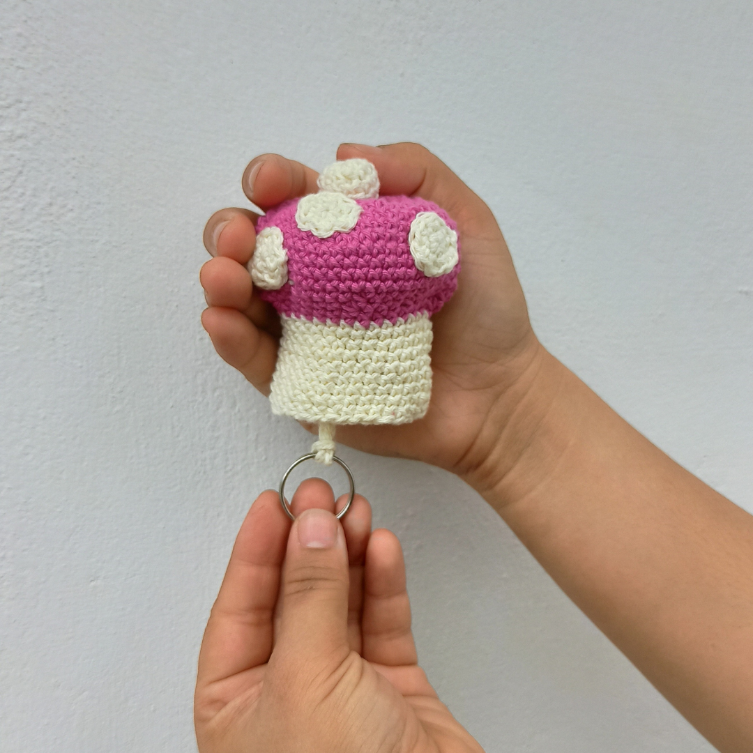 Mushroom Shape Amigurumi Crochet Handmade Retractable Key Chain or Charms | Pink | Home BAEsic