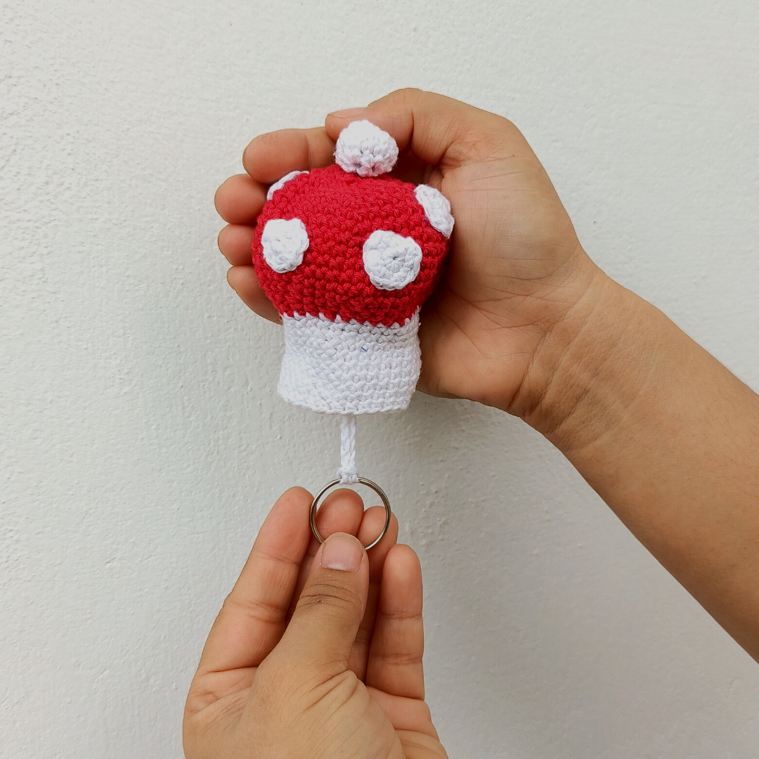 Mushroom Shape Amigurumi Crochet Handmade Retractable Key Chain or Charms | Red | Home BAEsic