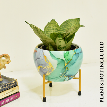 Turquoise Gold Indoor Metal Planter With Metal Stand | Home & Garden | 6 Inches