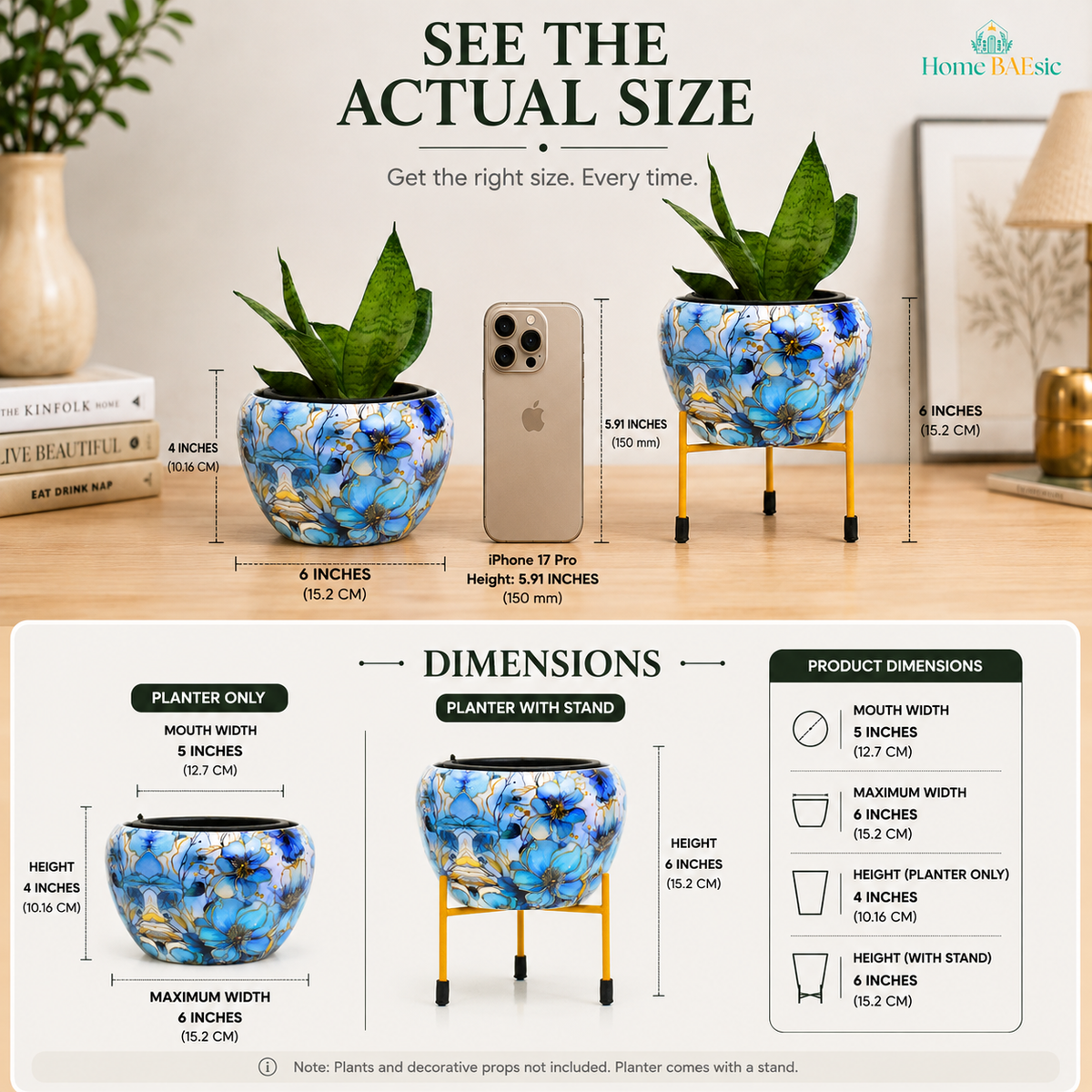 Azure blue floral metal planter with decorative golden metal stand shown with plant for size and dimensions reference. Image by Home BAEsic
