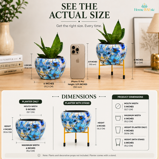 Azure blue floral metal planter with decorative stand shown with plant for size and dimensions reference. Image by Home BAEsic