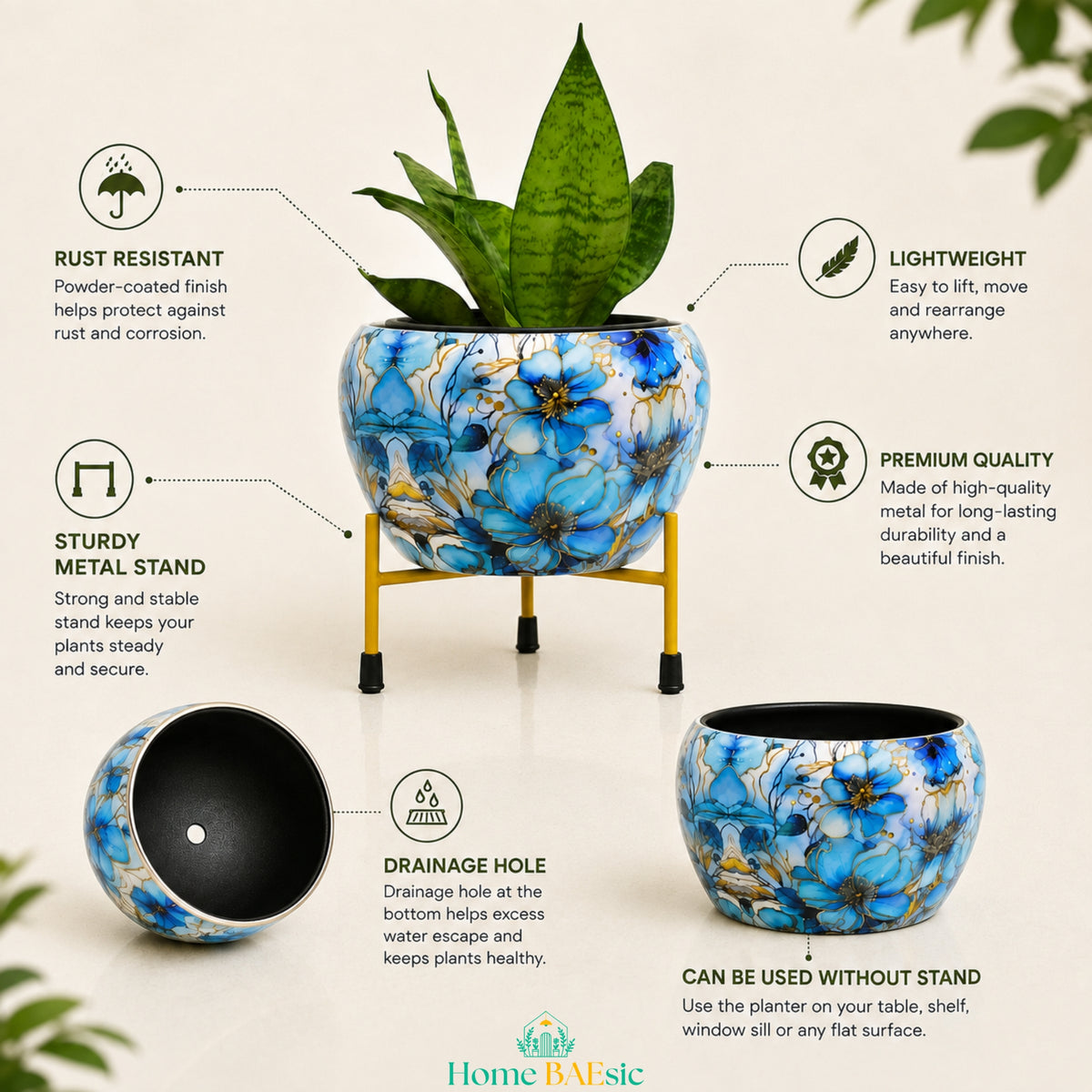 Azure blue floral metal planter with golden metal stand showing premium metal, glossy finish, drainage hole and rust-resistant features