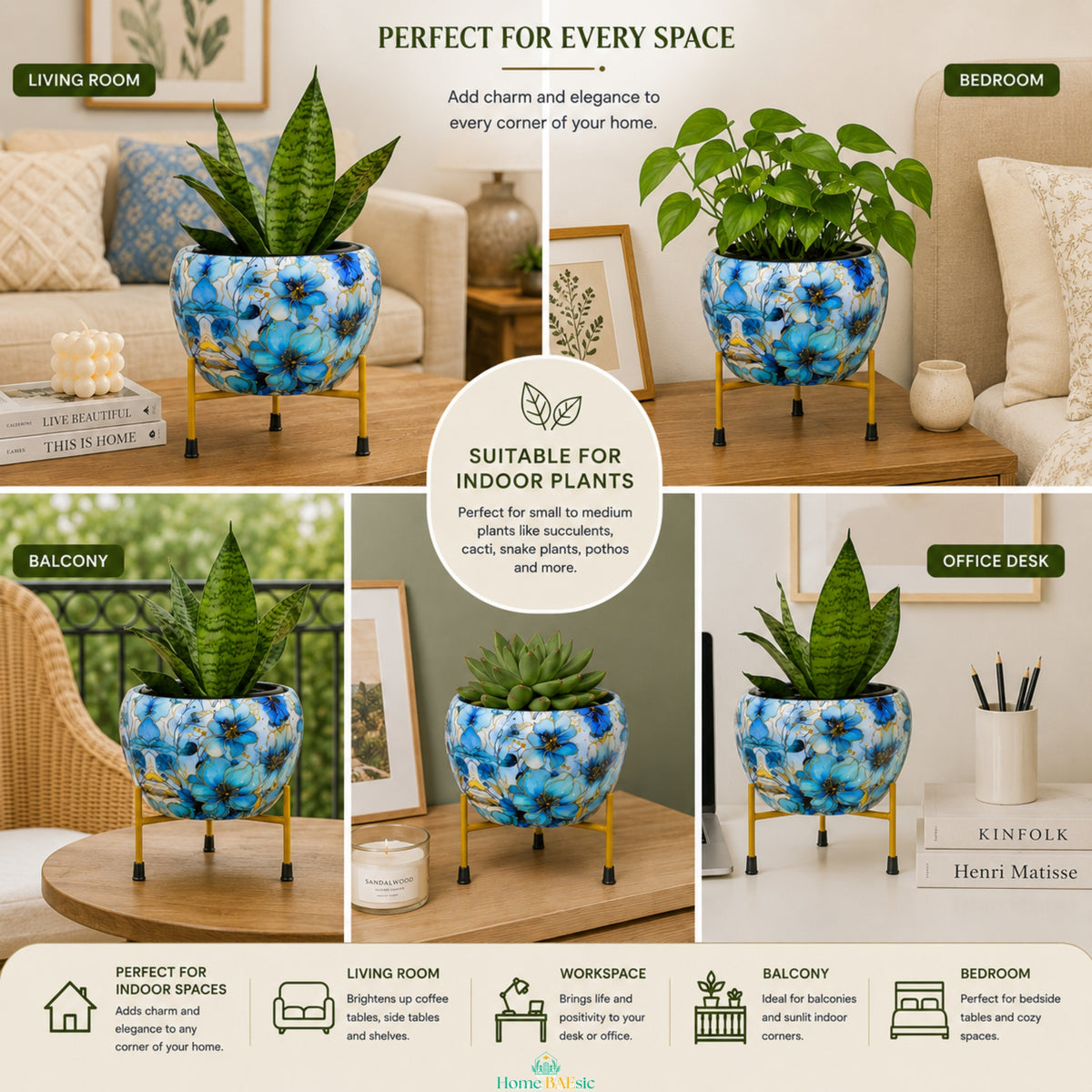Azure blue floral metal planter with golden stand styled in living room, bedroom, workspace and balcony settings