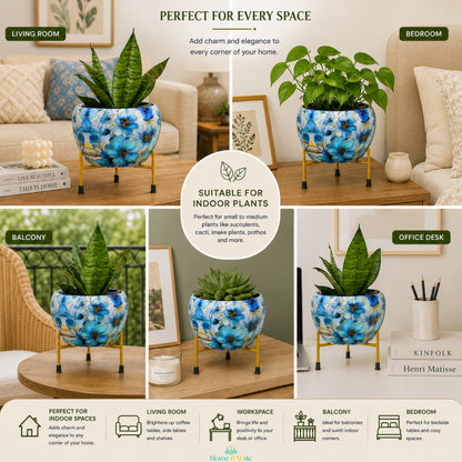 Azure blue floral metal planter with golden stand styled in living room, bedroom, workspace and balcony settings