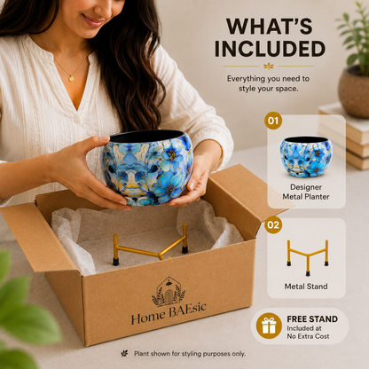A woman holds a blue floral metal planter over an open cardboard box labeled Home BAEsic, with included items shown in a 'What's Included' graphic: a designer metal planter, a gold metal stand, and a free stand.