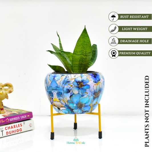 Decorative planter with blue floral design. Azure Floral Planter with stand | 6 Inches | Home & Garden | Home BAEsic 