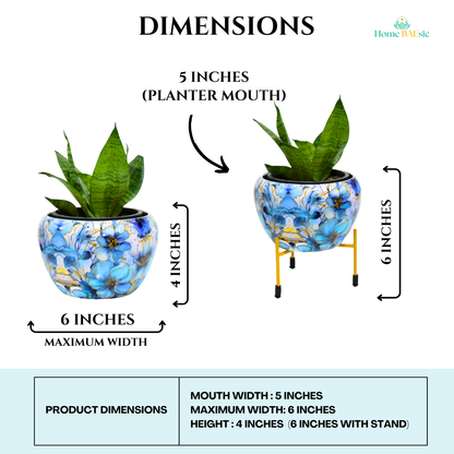 Decorative planter with blue floral design. Azure Floral Planter with stand | 6 Inches | Home & Garden | Home BAEsic 