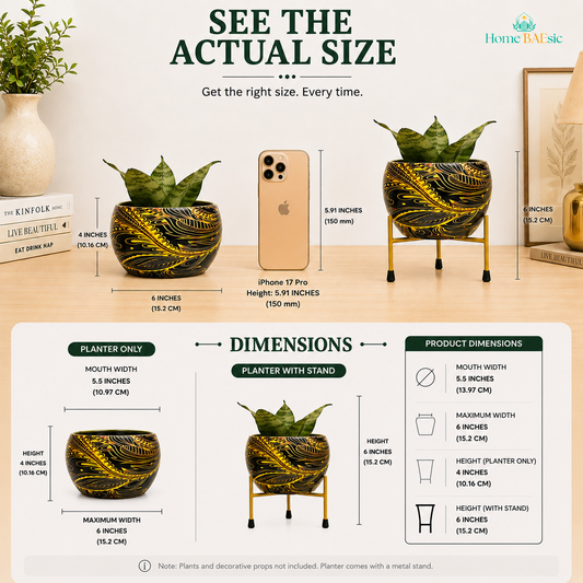 Home BAEsic Black Golden Abstract Planter size reference infographic showing the decorative black-and-gold planter with snake plant, compared with an iPhone 17 Pro for size visualization. The infographic shows a 5.5-inch planter mouth, 6-inch maximum width, 4-inch planter height, and 6-inch total height with the metal stand